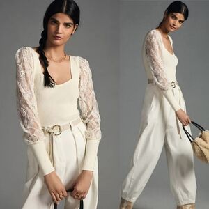 Anthropologie Lace-Sleeve Sweater Blouse Ivory Cream White Medium